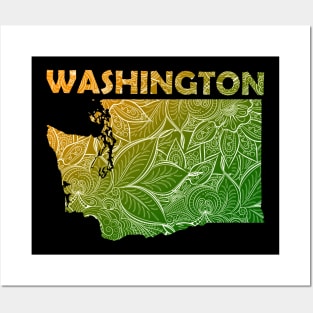 Colorful mandala art map of Washington with text in green and orange Posters and Art